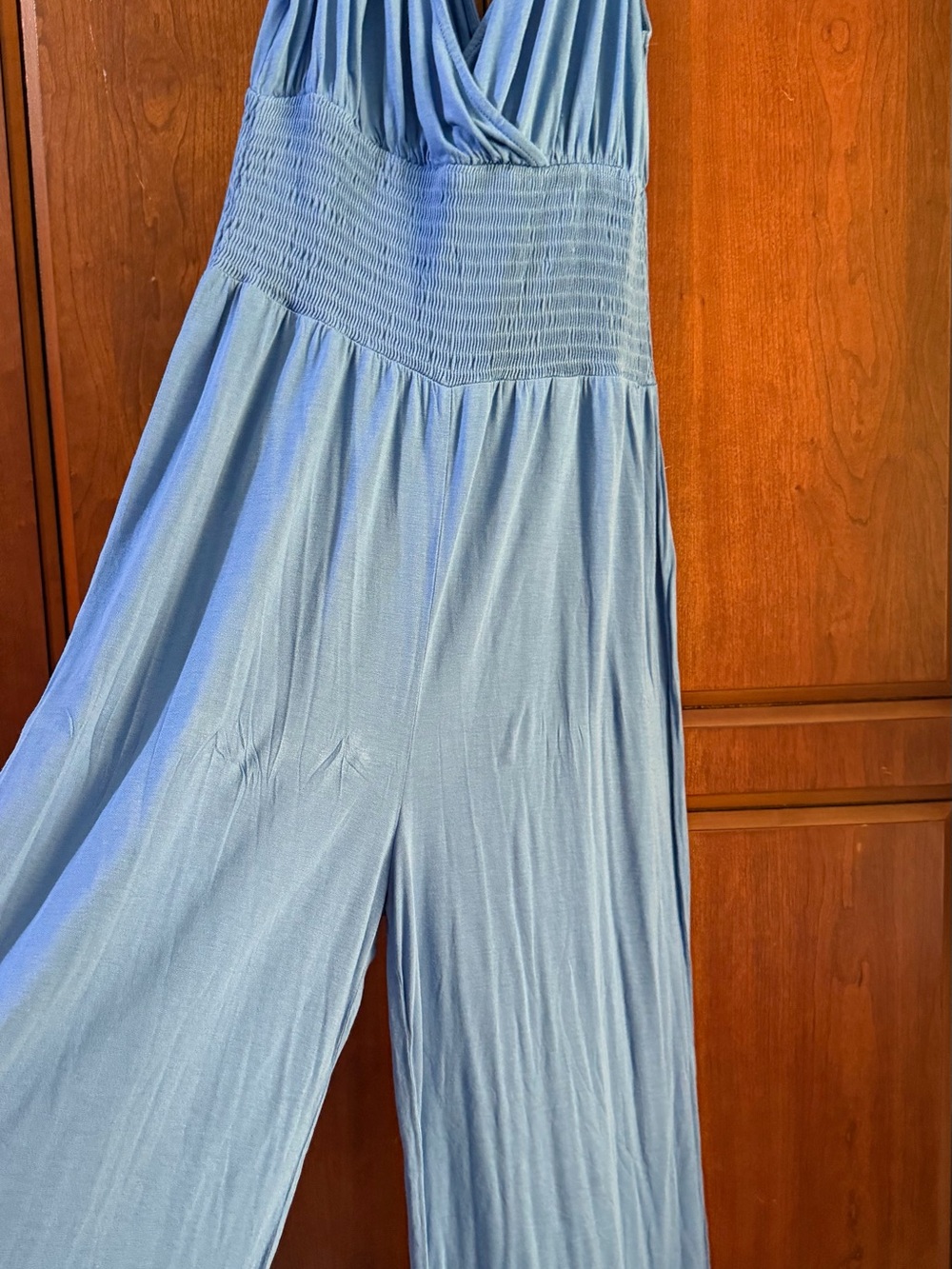 Sleeveless Blue Smocked-Waist Wide-Leg Jumpsuit